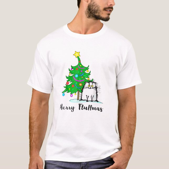 Merry Fluffmas Funny Christmas Cat Santa Cat Lover T-Shirt (Front)
