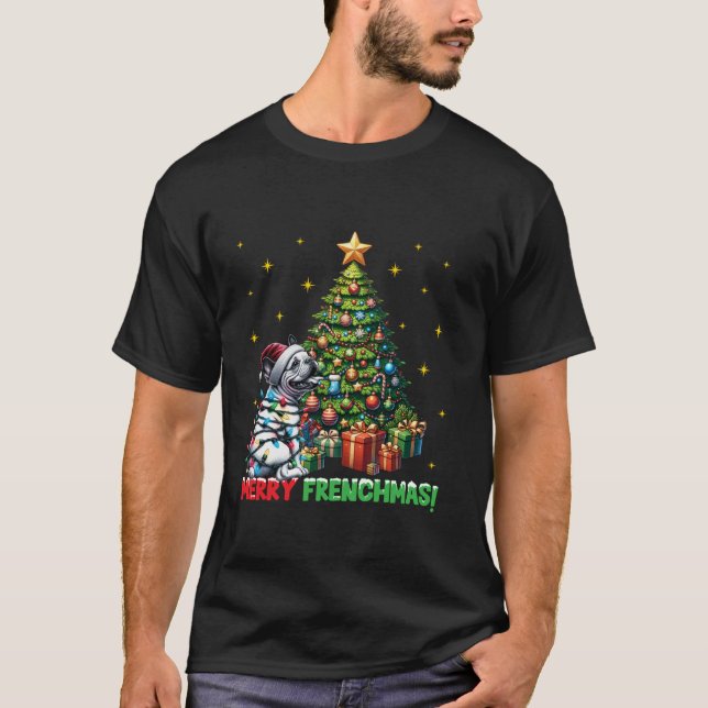 Merry Frenchmas French Bulldog Santa Hat Christmas T-Shirt (Front)