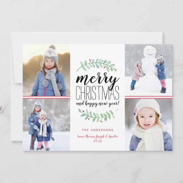 Merry Garland Holiday 4 Photo Collage Card (Front)
