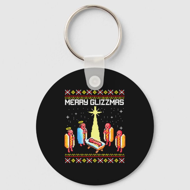 Merry Glizzmas Tacky Funny Merry Christmas Hotdogs Keychain (Front)