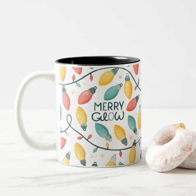 Merry Glow Christmas Light Bulbs Pattern Mug (With Donut)
