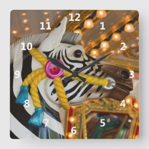 Merry-Go-Round Carousel Ride Zebra Horse Square Wall Clock