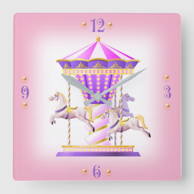 Merry go round kids square wall clock (Front)