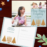Merry Gold Blue 3 Photo Collage Holiday Postcard<br><div class="desc">A 3 photo collage holiday postcard template for you to personalize for elegant gold and blue interfaith Merry Happy Everything holiday greetings. The front of these chic faux gold and pastel blue photo postcards feature modern Christmas trees and a gold Menorah along with two small and one large photo templates...</div>