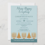 Merry Gold Blue Chrismukkah Holiday Party<br><div class="desc">Design these Merry Happy Chrismukkah holiday party invitations with your event details on this simple modern interfaith design of faux gold Hanukkah Menorahs and Christmas trees with mixed fonts in dark blue on a soft pastel blue background. Every bit of text on these gold and blue custom invitations can be...</div>