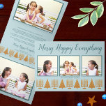 Merry Gold Blue Elegant Interfaith 5 Photo Tri-Fold Holiday Card<br><div class="desc">Create your own 5 photo tri-fold holiday cards with this modern gold and blue elegant Merry Happy Everything interfaith design. The horizontal design features three of your favourite pictures on the front, each bordered with a thin dark blue frame on a pastel blue background. Matching deep blue text in a...</div>