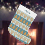 Merry Gold Blue Holiday Stripes Pattern Large Christmas Stocking<br><div class="desc">This personalized faux gold and pastel blue stripes pattern Christmas stocking is a perfect crossover for Chrismukkah and Hanukkah celebrations. Designed with interfaith celebrations and blended families, this custom holiday stocking features alternating stripes of pastel blue with gold Menorahs and deep blue with modern Christmas trees. A white "cuff" portion...</div>