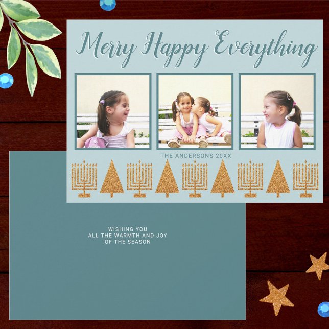 Merry Gold Blue Simple 3 Photo Collage Holiday Card (Faux gold trees and menorahs highlight your three photos on these custom holiday cards)