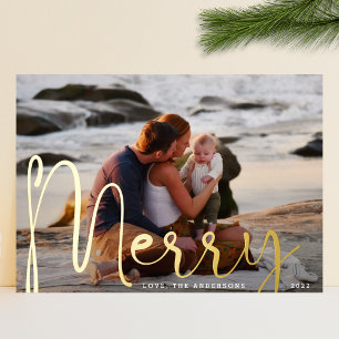 Merry Gold Christmas Full Bleed Photo Modern Foil Holiday Card