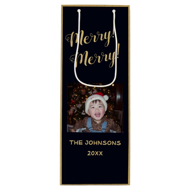 Merry! ~ Gold Christmas Tree ~ Family Photo Wine Gift Bag (Front)