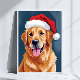 Merry Golden Retriever Santa Hat Dog Christmas Poster