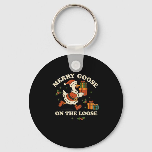 Merry Goose On The Loose Funny Christmas Silly Hum Keychain (Front)