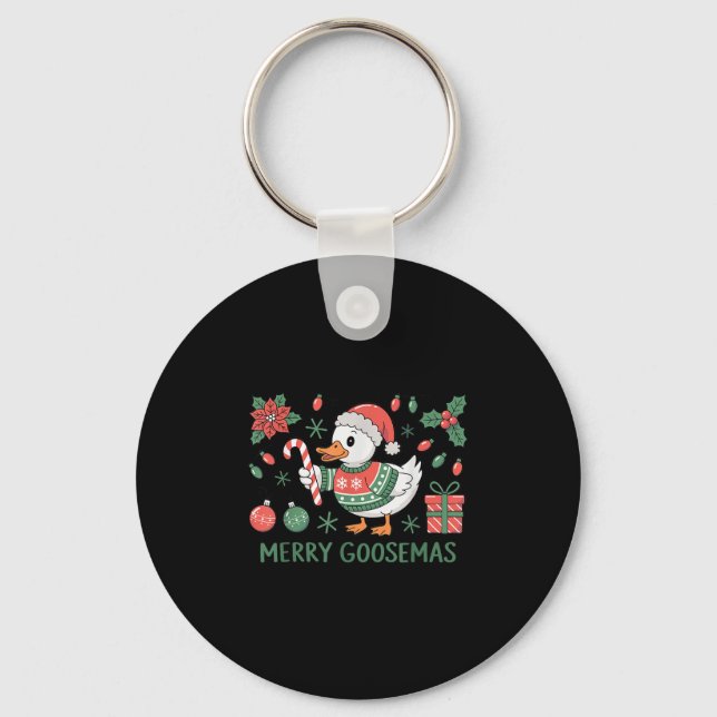 Merry Goosemas Cute Christmas Goose Santa Hat Ligh Keychain (Front)