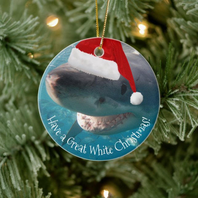 Merry Great White Christmas Shark Santa Hat Funny Ceramic Ornament (Tree)