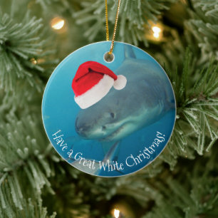 Merry Great White Christmas Shark Santa Hat Funny Ceramic Ornament