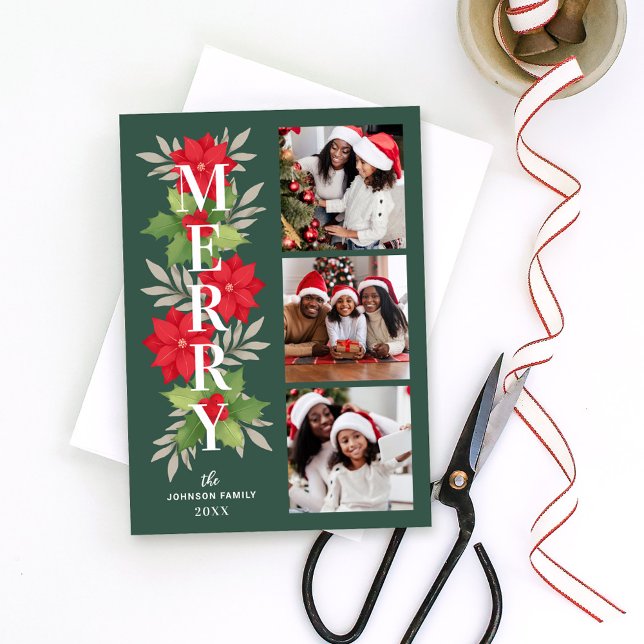 Merry Green Christmas Floral 3 Photo Holiday Card (Creator Uploaded)