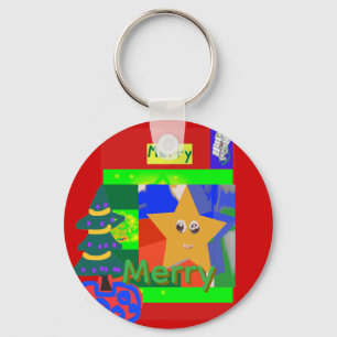 Merry Green Name on Red Christmas Keychain