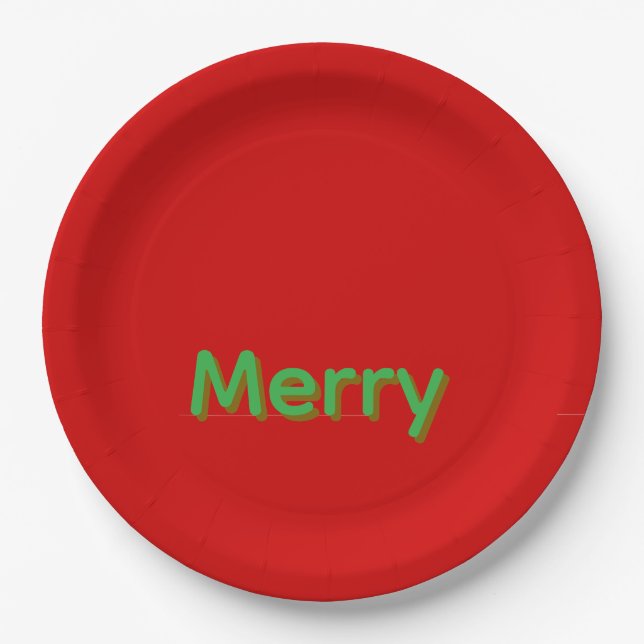 Merry Green Name on Red Paper Plate (Front)