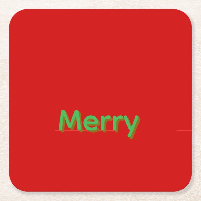 Merry Green Name on Red Square Paper Coaster (Front)