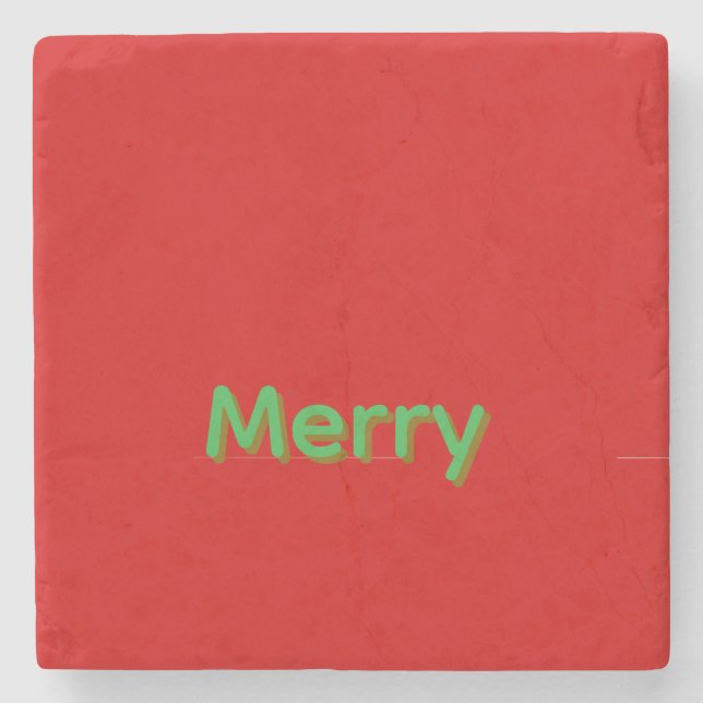 Merry Green Name on Red Stone Coaster (Front)