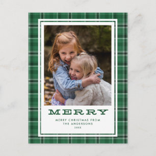 Merry Green Plaid Single Photo Christmas Holiday Postcard