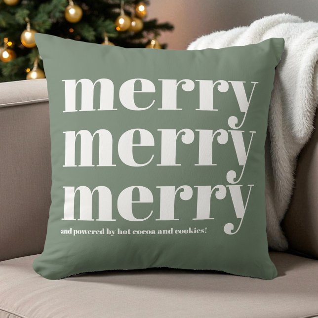 Merry Green White Typography Fun Retro Christmas  Throw Pillow (Merry Green White Typography Fun Retro Christmas Throw Pillow)