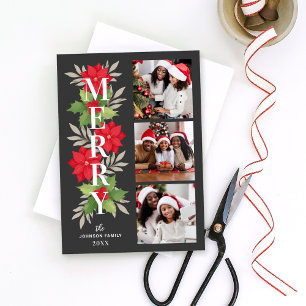 Merry Grey Christmas Floral 3 Photo Holiday Card