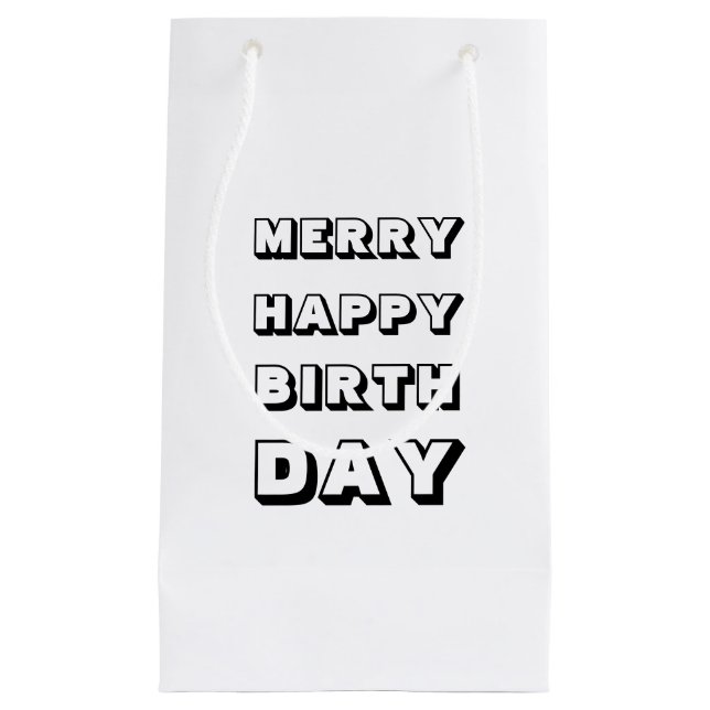 Merry Happy Birthday black white modern Christmas Small Gift Bag (Front)