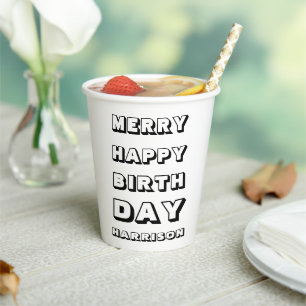 Merry Happy Birthday custom name modern Christmas Paper Cups