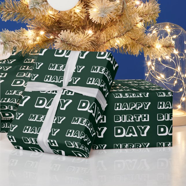 Merry Happy Birthday dark green modern Christmas Wrapping Paper (Holidays)