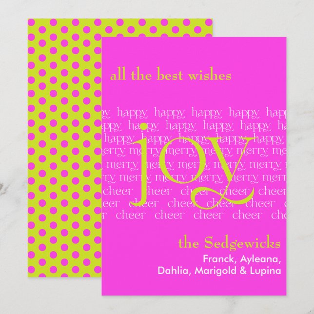 Merry Happy Cheer Joy Hot Pink Holiday Card (Front/Back)
