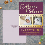 Merry Happy Chic 2 Photo Word Art Purple Gold Foil Holiday Card<br><div class="desc">Personalize these chic Merry Happy Everything Christmas cards in dark purple with real gold foil printing and your photos. Equally appropriate for Hanukkah or interfaith families who celebrate both (Chrismukkah) these dark purple personalized holiday cards with gold foil accents are easy to customize. Add your photos using the two templates...</div>