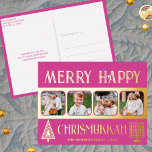 Merry Happy Chrismukkah 4 Photo Berry Pink Gold Foil Holiday Postcard<br><div class="desc">Create your own luxe real gold foil holiday greeting postcards with this simple yet elegant four photo design in dark pink and gold with a stylized tree for Christmas and a minimalist Menorah for Hanukkah. Merry Happy Chrismukkah! Add your four favourite photos using the simple template uploader and watch your...</div>