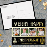 Merry Happy Chrismukkah 4 Photo Black And Gold Foil Holiday Postcard<br><div class="desc">Create your own luxe real gold foil holiday greeting postcards with this simple yet elegant four photo design in black and gold with a stylized tree for Christmas and a minimalist Menorah for Hanukkah. Merry Happy Chrismukkah! Add your four favourite photos using the simple template uploader and watch your pictures...</div>