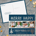 Merry Happy Chrismukkah 4 Photo Blue And Rose Gold Foil Holiday Postcard<br><div class="desc">Create your own luxe real rose gold foil holiday greeting postcards with this simple yet elegant four photo design in dark blue and rose gold with a stylized tree for Christmas and a minimalist Menorah for Hanukkah. Merry Happy Chrismukkah! Add your four favourite photos using the simple template uploader and...</div>