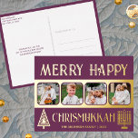 Merry Happy Chrismukkah 4 Photo Plum Purple Gold Foil Holiday Postcard<br><div class="desc">Create your own luxe real gold foil holiday greeting postcards with this simple yet elegant four photo design in dark purple and gold with a stylized tree for Christmas and a minimalist Menorah for Hanukkah. Merry Happy Chrismukkah! Add your four favourite photos using the simple template uploader and watch your...</div>