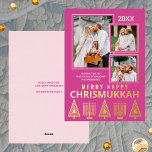 Merry Happy Chrismukkah Chic 3 Photo Pink Gold Foil Holiday Card<br><div class="desc">Personalized photo greeting cards printed with real gold foil add a touch of luxury to your holiday mailings. Easy to customize, just add your three photos where they will appear slightly overlapping with thin gold borders on the solid berry pink background. Edit the year at the top and your name...</div>
