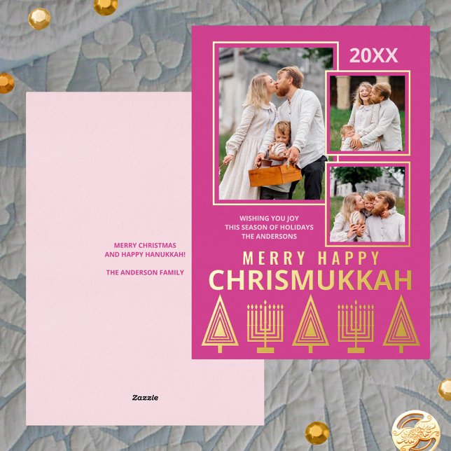 Merry Happy Chrismukkah Chic 3 Photo Pink Gold Foil Holiday Card (Easy to personalize, these interfaith holiday cards with real gold foil accents add elegance)