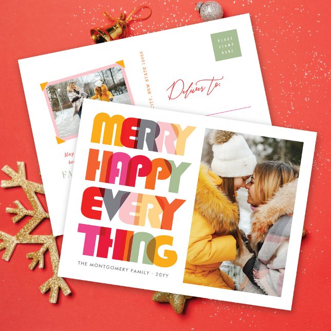 Merry Happy Everything Colourful Typography Photo Holiday Postcard (Creator Uploaded)