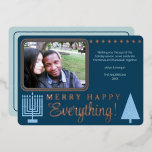 Merry Happy Everything Photo Navy Rose Gold Foil Foil Holiday Card<br><div class="desc">Add a touch of luxury to your holiday greetings with these real rose gold foil flat greeting cards featuring your photo and a pastel blue Christmas tree and a matching Hanukkah Menorah. Add your photo to the upper left of the design where it will appear with rounded corners and a...</div>
