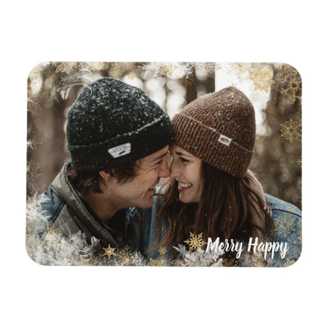 Merry Happy Personalized Photo Snowflake Frame Magnet (Horizontal)