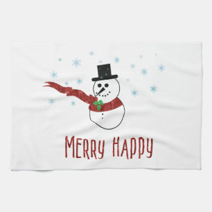 Merry Happy Snowman with Red Scarf Kitchen Towel