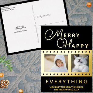 Merry Happy Stylish 2 Photo Word Art Black Gold Foil Holiday Postcard