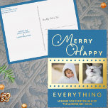 Merry Happy Stylish 2 Photo Word Art Blue Gold Foil Holiday Postcard<br><div class="desc">Personalize these stylish Merry Happy Everything Christmas postcards in dark blue with your photos and real gold foil printing. Appropriate for Hanukkah or interfaith families who celebrate both (Chrismukkah) as well, these dark blue personalized holiday postcards with gold foil accents are simple to customize. Just add your photos using the...</div>