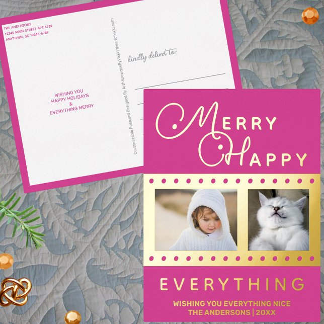 Merry Happy Stylish 2 Photo Word Art Pink Gold Foil Holiday Postcard (Watch your photos appear in the real gold foil design of these pink Christmas postcards)