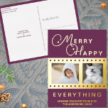 Merry Happy Stylish 2 Photo Word Art Purple Gold Foil Holiday Postcard<br><div class="desc">Personalize these stylish Merry Happy Everything Christmas postcards in dark purple with your photos and real gold foil printing. Appropriate for Hanukkah or interfaith families who celebrate both (Chrismukkah) as well, these dark purple personalized holiday postcards with gold foil accents are simple to customize. Just add your photos using the...</div>