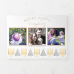 Merry Happy Tan Elegant Interfaith 5 Photo Tri-Fold Holiday Card<br><div class="desc">Create your own 5 photo tri-fold holiday cards with this modern elegant Merry Happy Everything interfaith design. The horizontal design features three of your favourite pictures on the front, each bordered with a thin tan frame. Matching tan text in modern mixed fonts at the top is balanced by a row...</div>