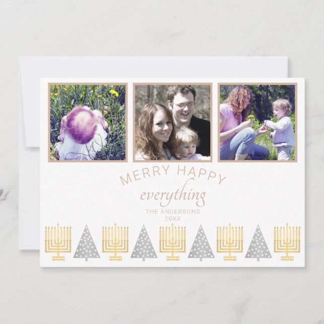 Merry Happy Tan Simple 3 Photo Collage Holiday Card (Front)