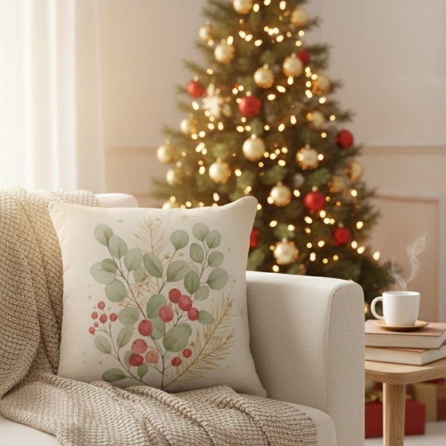 Merry Hearth: Rustic Christmas Botanical Watercolo Throw Pillow (Creator Uploaded)