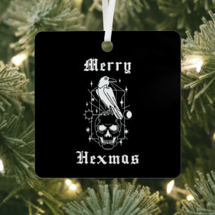 Merry Hexmas Witch Skull Spooky Witchcraft Metal Ornament